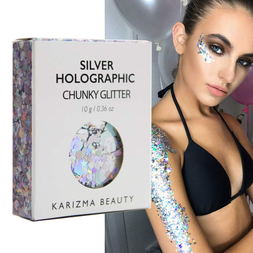Silver Holographic Chunky Glitter ✮ KARIZMA BEAUTY ✮ 10g Festival Glitter Cosmetic Face Body Hair Nails